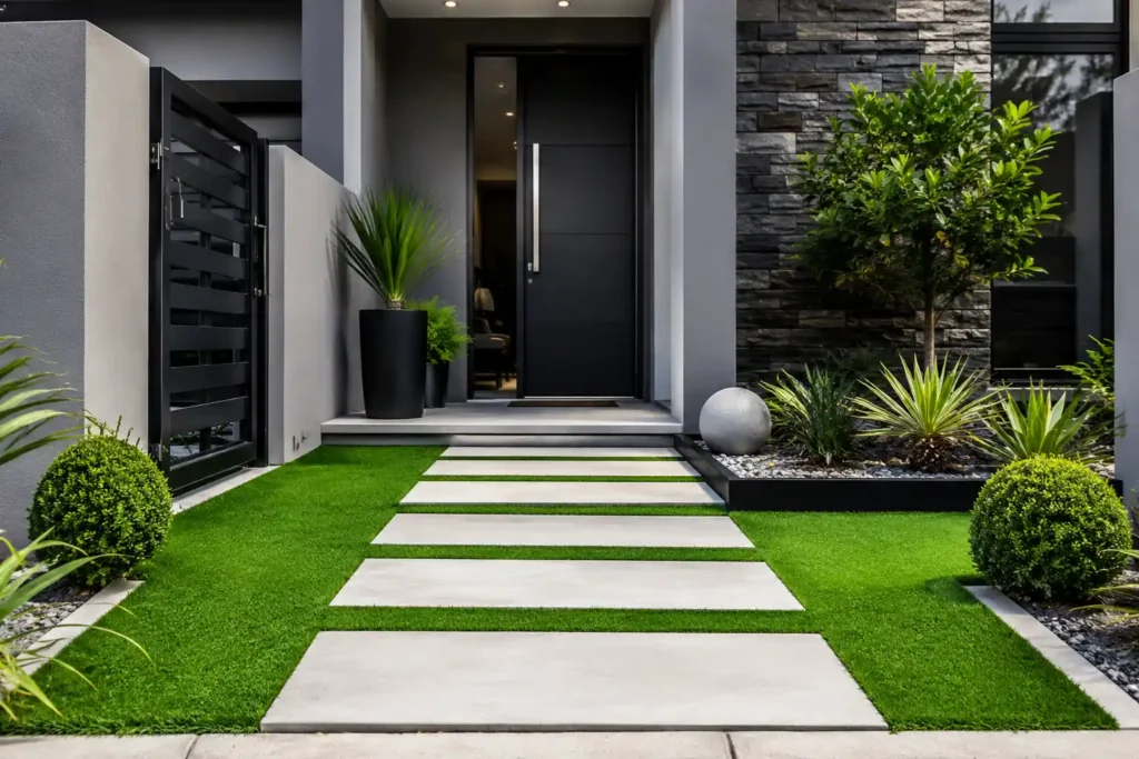 Artificial grass at a home entrance